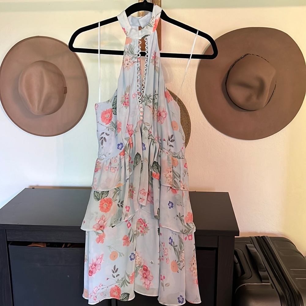 EXPRESS FLORAL HALTER TOP MINI DRESS